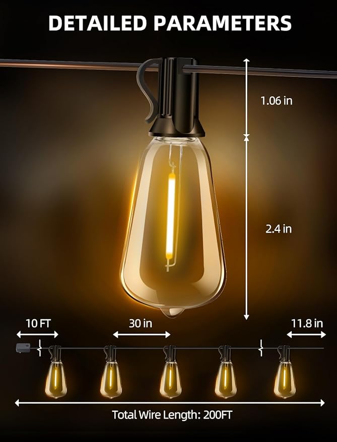 Outdoor Patio String Lights 200ft: ST38 LED Shatterproof Bulbs 3 Modes Button Control - Waterproof Connectable Lights - Wedding Bistro Party Gazebo Backyard Decorative