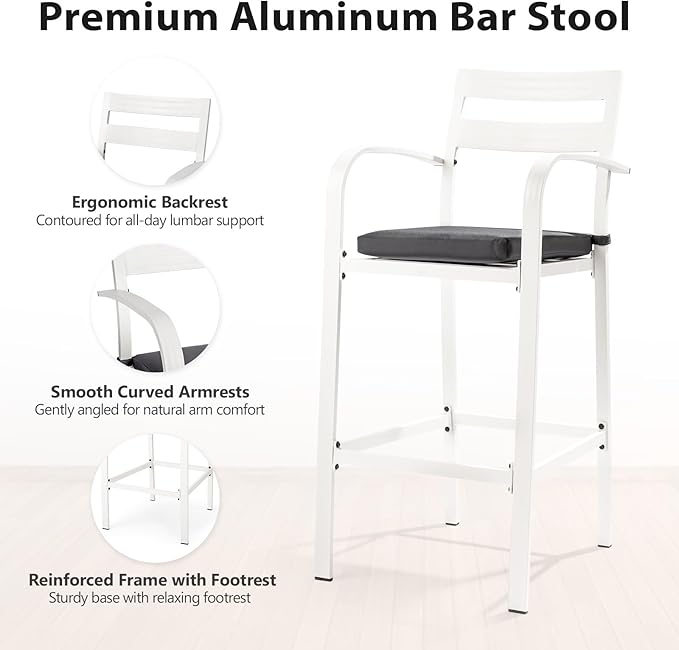 VINGLI 3-Piece Outdoor Bar Set, Aluminum Bar Height Table & 2 Chairs with Cushions, Counter Height Patio Furniture for Backyard, Poolside, Garden, Bistro, Indoor Outdoor Use (White)