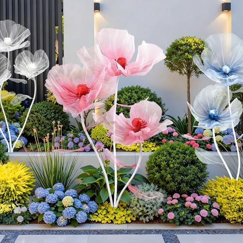 giant flowers 3-piece set|67-inch tall tulle poppy decorations showing dimensions