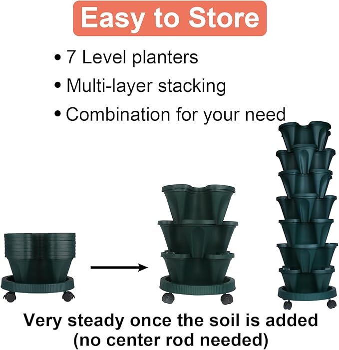 DUNCHATY Stackable Planter, Vertical Garden Planter with Wheels and Tools, Self Watering Strawberry Planter Indoor/Outdoor 7 Tier Herb Planter Pots for Growing Vegetables and Succulents,Pine Green
