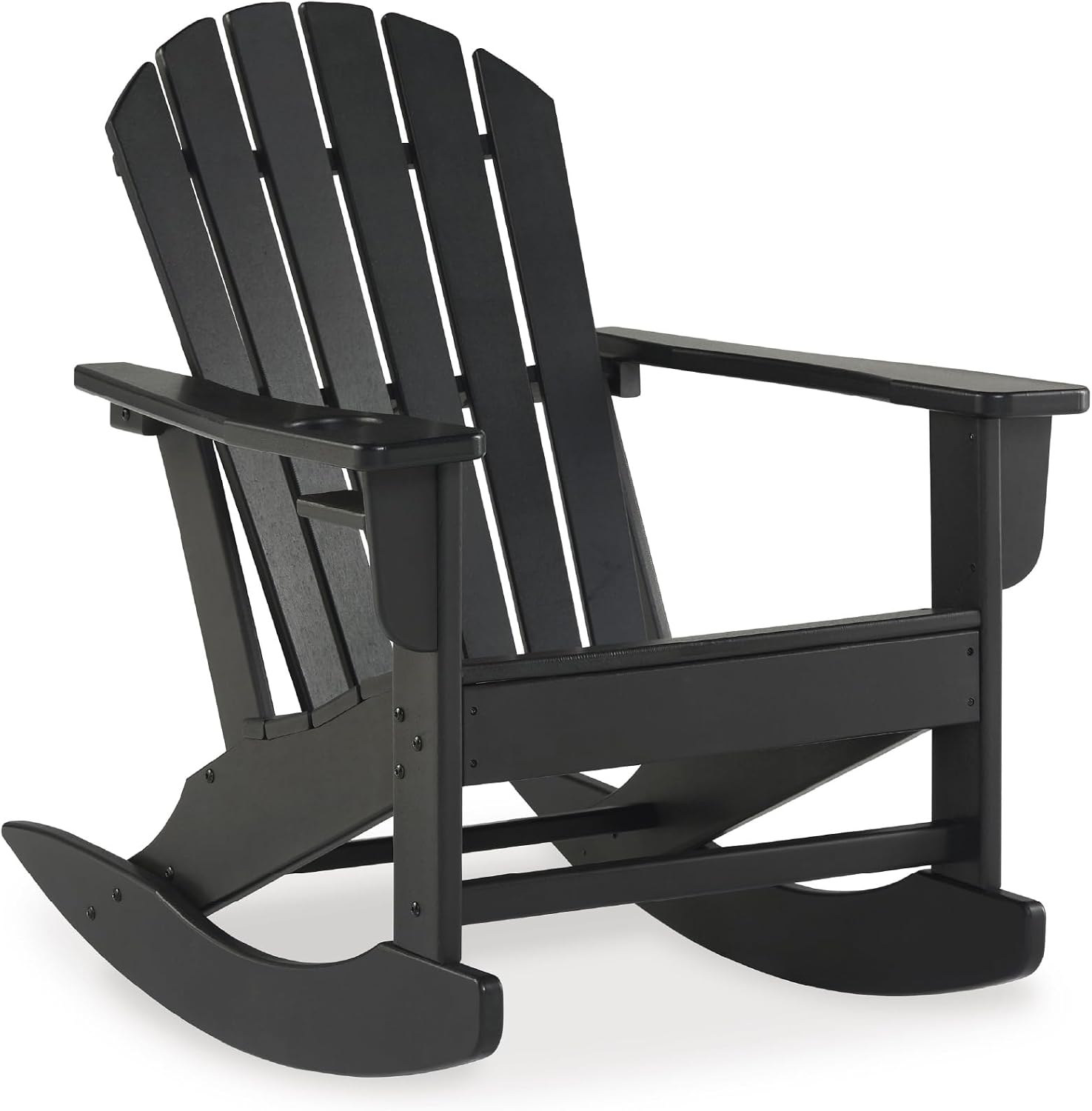 Signature Design by Ashley Adirondack Patio Rocking Chair, Black | All-weather HDPE rocking chair, Durable weather resistant material, 250 lb capacity, Built-in cup holder, Sundown Treasure