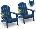GREENVINES Folding-Adirondack-Chairs Set of 2, HDPE All Weather, Blue | Hidden Cup Holder | 5” Wide Armrests | Foldable Fire Pit Chair | Reclined Legs | Low Maintenance for Outdoor Patio Deck