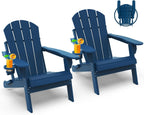 GREENVINES Folding-Adirondack-Chairs Set of 2, HDPE All Weather, Blue | Hidden Cup Holder | 5” Wide Armrests | Foldable Fire Pit Chair | Reclined Legs | Low Maintenance for Outdoor Patio Deck