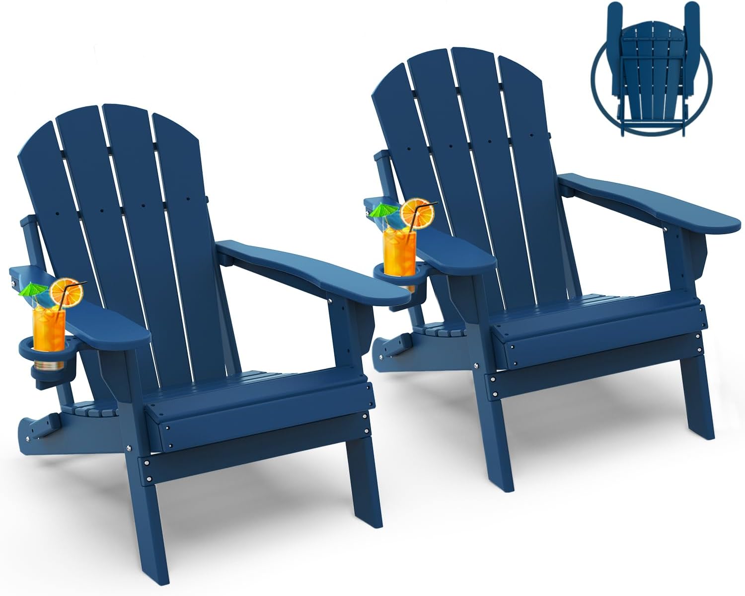 GREENVINES Folding-Adirondack-Chairs Set of 2, HDPE All Weather, Blue | Hidden Cup Holder | 5” Wide Armrests | Foldable Fire Pit Chair | Reclined Legs | Low Maintenance for Outdoor Patio Deck