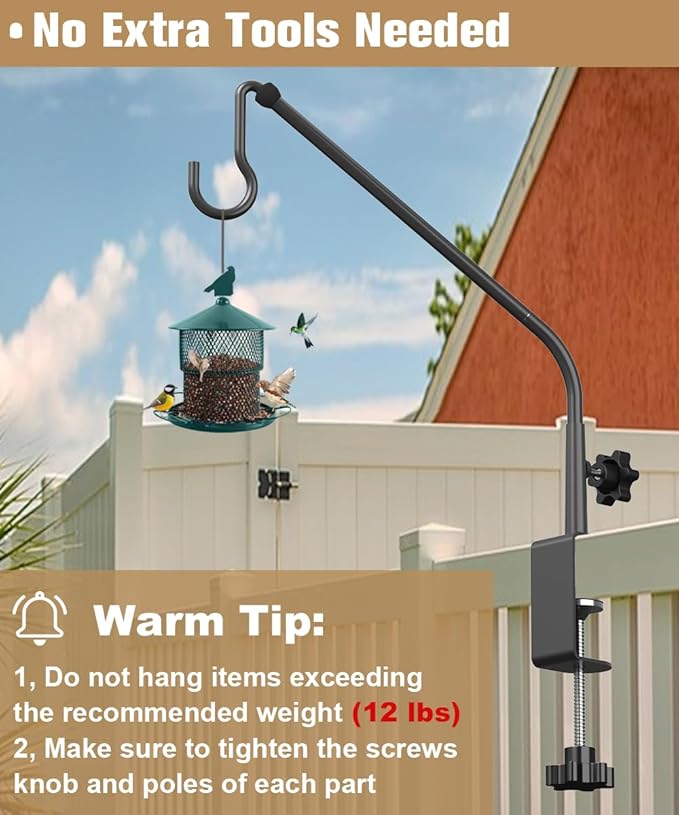 20 Inch Extended Reach Deck Hook Hanger for Railing, Heavy Duty Outdoor Plant Hook Holder for Hanging Bird Feeder Pole Deck Hanger Flower Basket Planter or Lanterns, Wind Chimes, 1 Pack