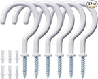 12 Pcs Ceiling Hooks for Hanging Plants, Cups, Utensils and Christmas String Lights, 1-1/4 inch Vinyl Coated Screw-in Plant and Cup Hooks for Wooden and Drywall with Anchors - White