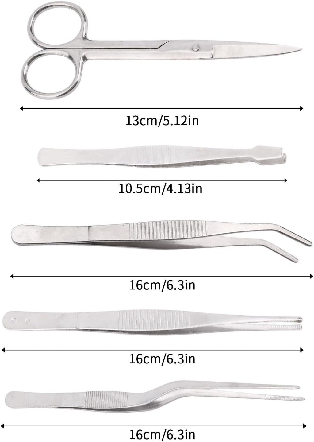 5pcs Plant Tweezers and Scissors, Long Stainless Steel Garden Bend Tongs Set with Straight Curved Flat Point Tip Multiple-Use Gardening Tools for Bonsai Reptile Feeding Kitchen Use