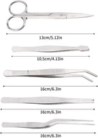 5pcs Plant Tweezers and Scissors, Long Stainless Steel Garden Bend Tongs Set with Straight Curved Flat Point Tip Multiple-Use Gardening Tools for Bonsai Reptile Feeding Kitchen Use