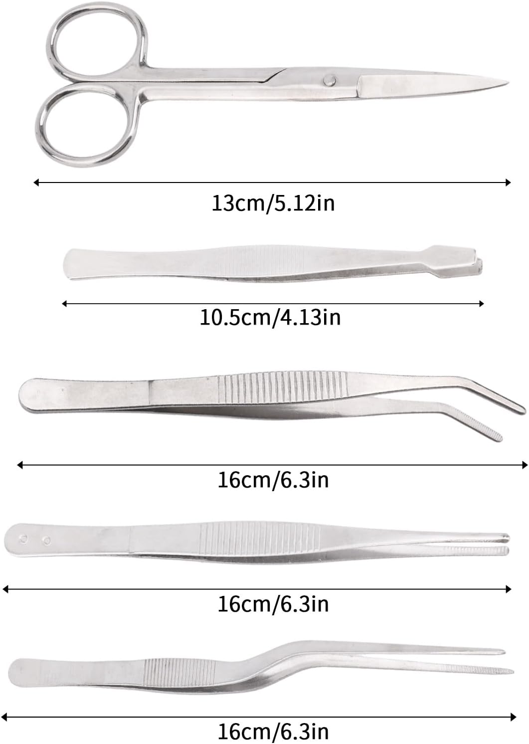 5pcs Plant Tweezers and Scissors, Long Stainless Steel Garden Bend Tongs Set with Straight Curved Flat Point Tip Multiple-Use Gardening Tools for Bonsai Reptile Feeding Kitchen Use