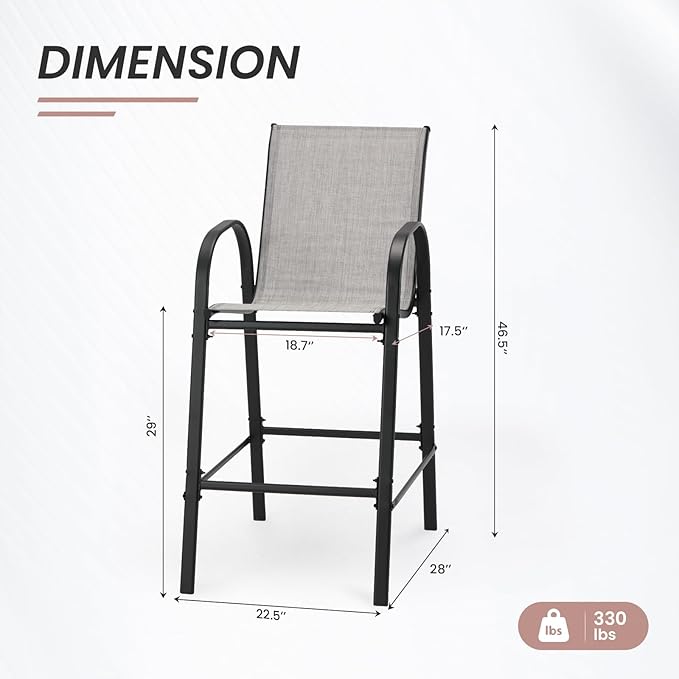 HOMREST Outdoor Bar Height Stools Set of 6,High Back Patio Chairs with Armrests,Textilene Chairs with Breathable Fabric & Metal Frame for All Weather,Light Grey