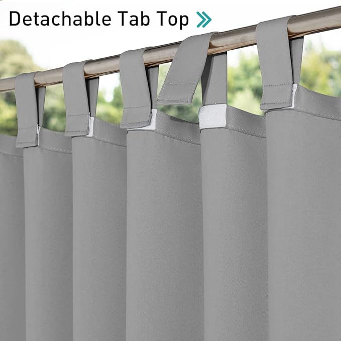 NICETOWN Outdoor Curtain for Patio Waterproof 95 inch Length, Sticky Tab Top Thermal Insulated Blackout Window Treatment Divider Protect Privacy for Cabana/Arbor, Silver Grey, 1 Piece, W52 x L95