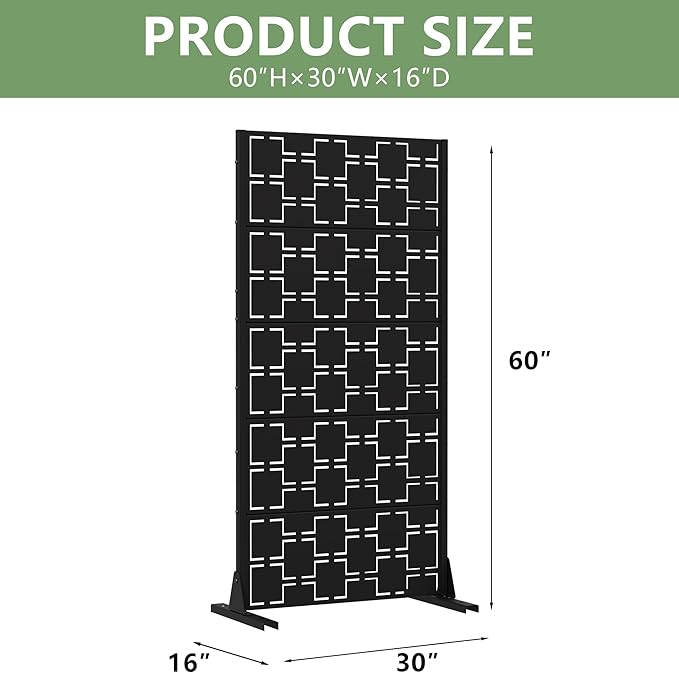 Casaphoria Metal Privacy Screen Outdoor, 60" H x 30" W Freestanding Decorative Privacy Screen for Patio Deck Balcony Garden with Stable Base, Black-Square