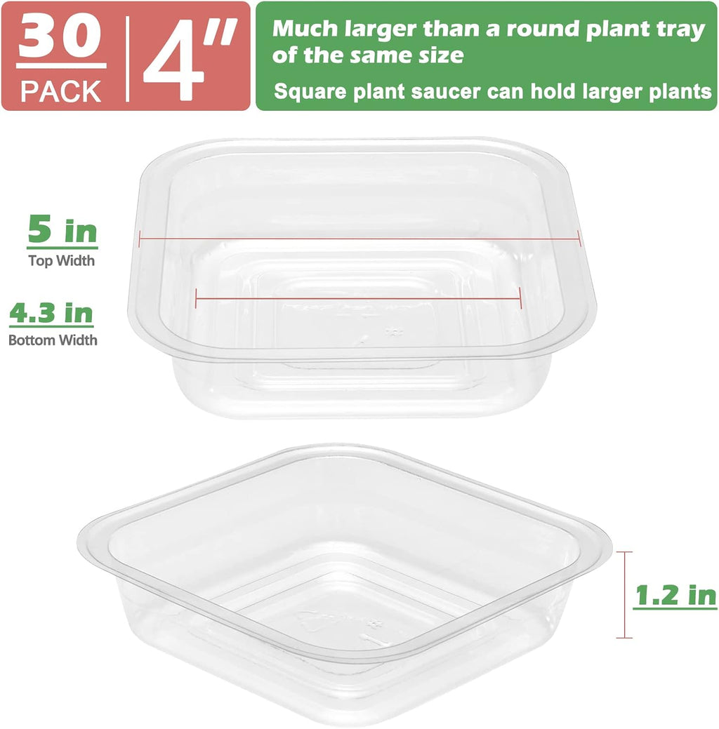 30 Pack Plant Saucers for Indoors 4 Inches Plant Trays for Pots Plastic Trays for Plants Square Plant Drip Trays for Potted Plants Flower Pot Saucers Clear Plant Plates to Catch Water, Bulk