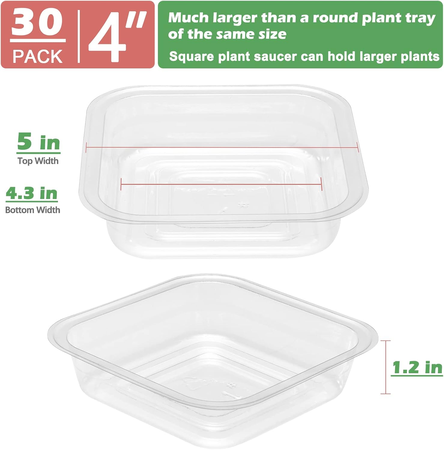 30 Pack Plant Saucers for Indoors 4 Inches Plant Trays for Pots Plastic Trays for Plants Square Plant Drip Trays for Potted Plants Flower Pot Saucers Clear Plant Plates to Catch Water, Bulk