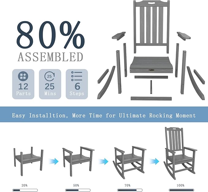 Oversized Rocking Chair Set of 4, Outdoor Rocking Chair for Adults, All Weather Resistant Porch Rocker for Lawn Garden, Grey