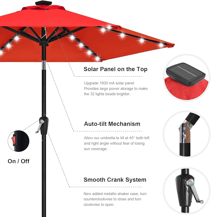 ABCCANOPY Durable Solar Led Patio Umbrellas with 24LED Lights 7.5FT with 6 Sturdy Ribs (Logo Red)
