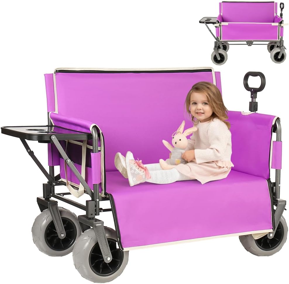 Collapsible 3-in-1 Wagon Converts To Bench, Includes Rear-Mounted Folding Tabletop, Heavy-Duty 500-lb Capacity, 180L Storage for Camping, Beach, Fishing - Purple