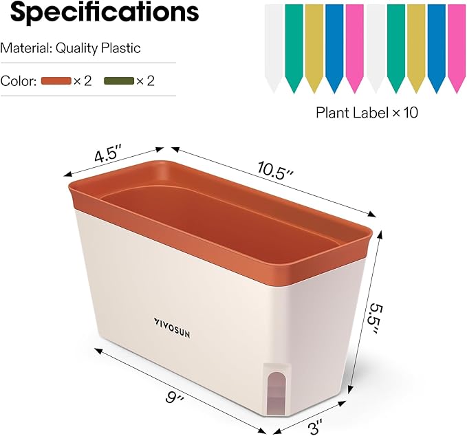 VIVOSUN Self-Watering Planters, 8-Pack 10.5 Inch Compact Rectangular Window Herb Planter Box with 10 PCS Plant Labels, Plant Container for Basil, Flowers, Succulents, Indoor & Outdoor