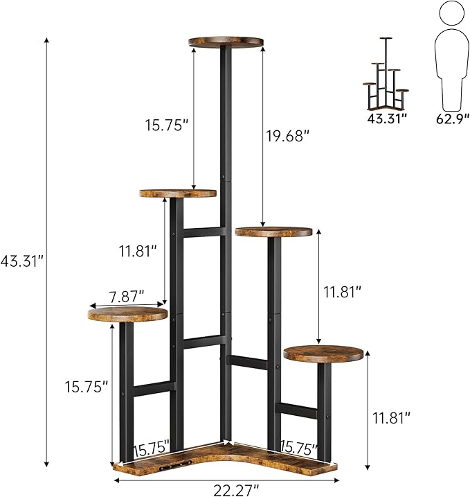 Corner Plant Stand Indoor with Grow Lights, 6 Tiered Corner Plant Shelf Flower Stand for Multiple Plants, Plant Shelves Organizer Rack for Living Room, Balcony, Patio, Round Rustic Brown