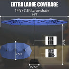LEVELEVE 14FT Double-Sided Patio Umbrella with Base Included, Large Outdoor Rectangular Market Umbrella for Backyard, Poolside, Lawn & Garden,Blue