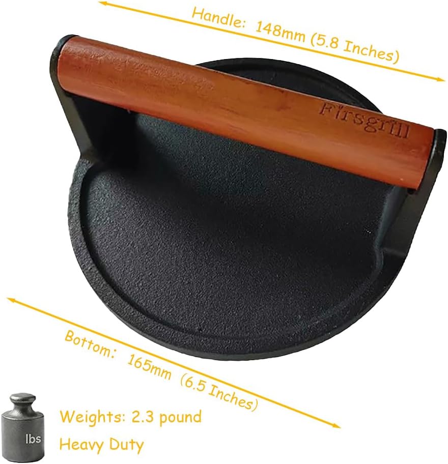 Burger Press 6.6" Round Heavy-Duty Cast Iron Smash Meat Steak with Wood Handle for Blackstone Weber Treager Griddle Grills (YPX) (6.5" Round & 4.3X8.3 Rectangle)