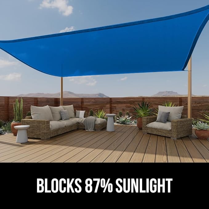 GORILLA GRIP Heavy Duty Sun Shade, UV Protection Fade Tear and Rust Resistant Rectangle Sunshade Canopy, Curved Edges Blocks Sunlight, Breathable Sail, Outdoor Patio, Lawn Garden, 12x12x12, Blue