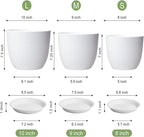 10/9/8 inch Medium Flower Pots, 3 Pack Modern Decorative Plastic Planters with Drainage Holes and Tray, Plant Pots for Indoor Outdoor Plants, White