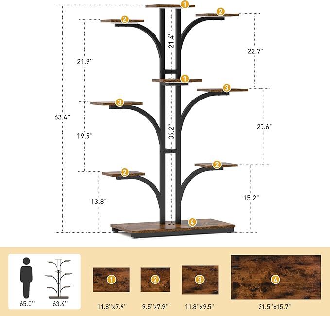 ikkle Plant Stand Indoor with Grow Lights, 64" Tall Plant Shelf, 9 Tiered Corner Plant Shelves for Indoor Plants Multiple, Large Flower Display Holder, Tree-Shaped Plant Rack for Home, Living Room, Patio Decor