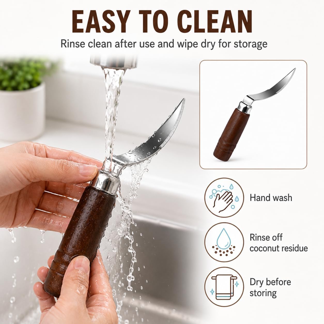 DOITOOL Coconut Meat Removal Tool Stainless Steel Fresh Coconut Scraper Knife with Ergonomic Wood Handle for Raw Shell Extraction and Manual Opener | Curved 9 inch Blade with Ergonomic Wood Handle for Raw Shell Extraction and Manual Opener