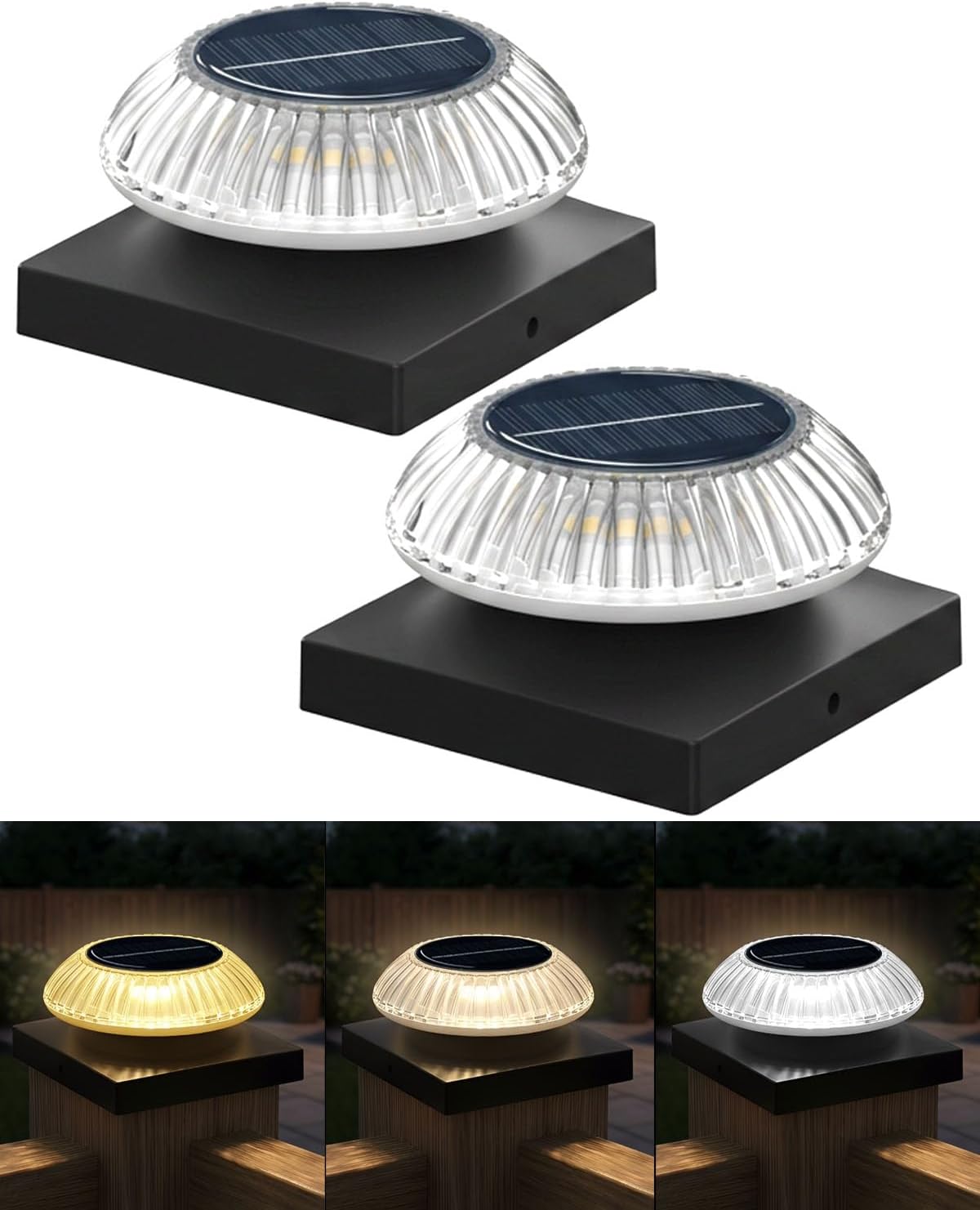 Solar Post Cap Lights for 4x4 & 3.5x3.5 Posts, IP55 Waterproof Deck Lights Solar Powered, 3 Color Modes Fence Caps for Wood Vinyl Mailbox Railing Patio
