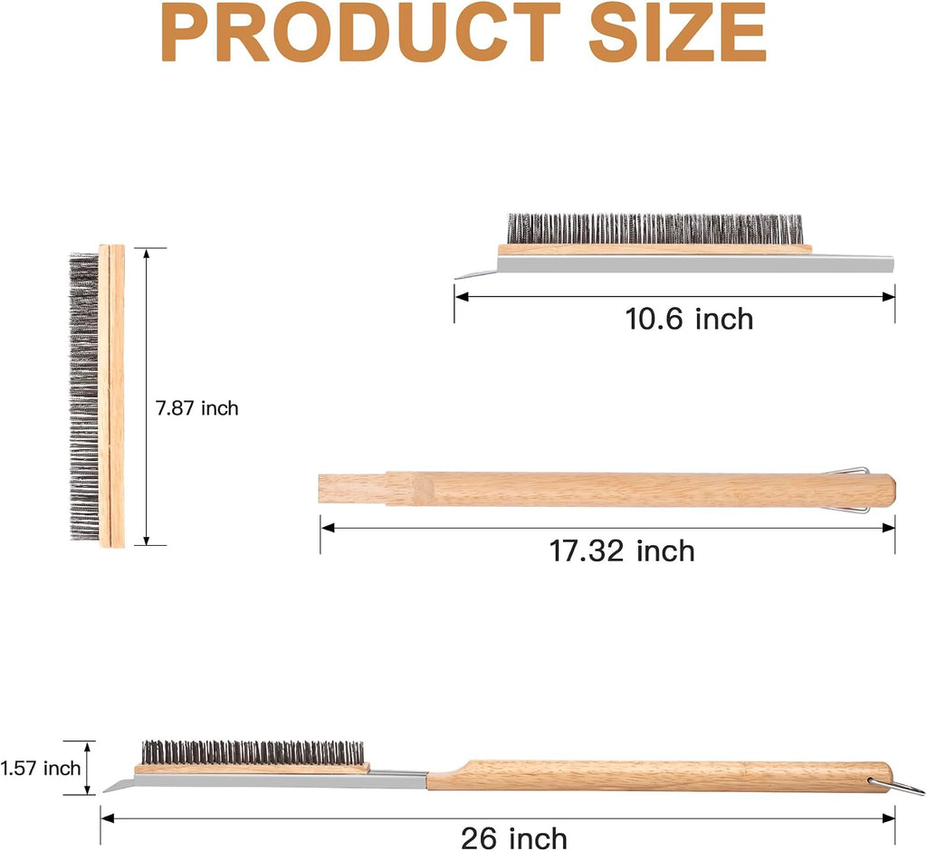 26" Stainless Steel Pizza Oven Brush with Extra Long Heat-Resistant Handle, Stone Scraper, Compatible with Ooni Ovens, Silver/Wood Finish