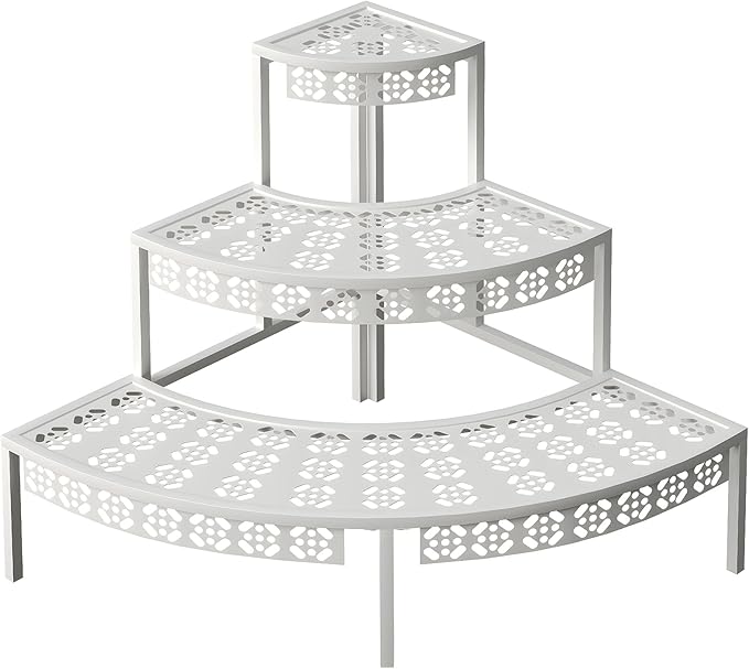 aboxoo 3 Tier Plant Stand Semi-Circular Flower Pot Organizer Rack Quarter Round Plant Display Holder Outdoor Storage Shelves Metal Corner Shelf Planter Shelving Ladder Plant Stand for Indoor