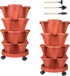 GameXcel Vertical Planter 4 Tier Stackable Planters Garden Planters Strawberry Herb Flower and Vegetable Planter Indoor Outdoor Gardening Pots with Removable Wheels and Tools 2-Pack