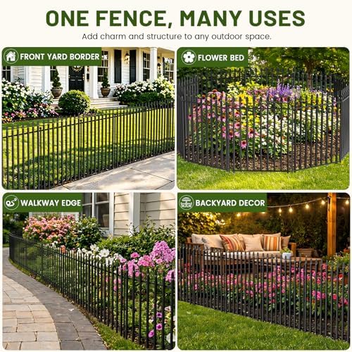 no dig decorative garden fence, 32in(h)×22ft(l), 10 panels, front angle view