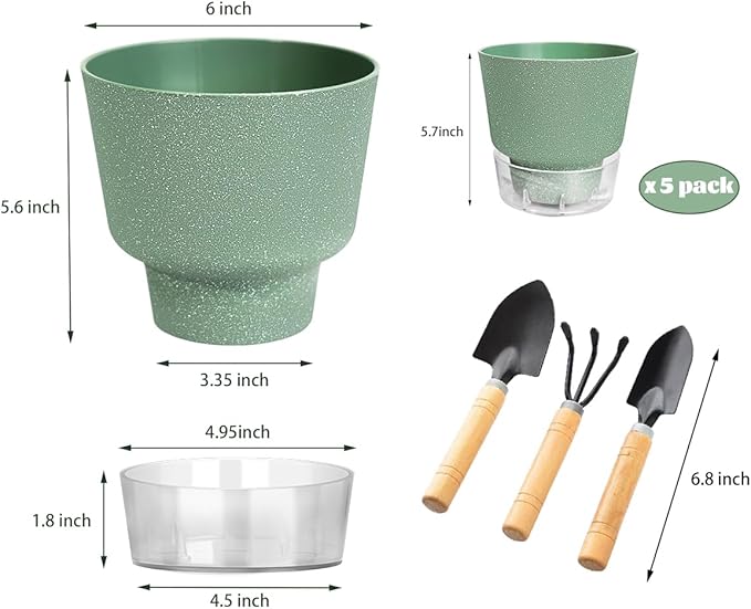 2024 Upgraded 5 Pack 6-Inch Self-Watering Planter Pots with Deep Reservoir for Indoor and Outdoor Plants with Planting Tools (Frosted White)
