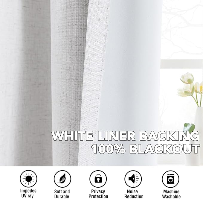 H.VERSAILTEX Linen Curtains 100% Blackout Curtains for Bedroom 63 inch Long Full Light Blocking Nature Linen Blended Window Curtains for Living Room Nickel Grommet (2 Panels, Heathered White)