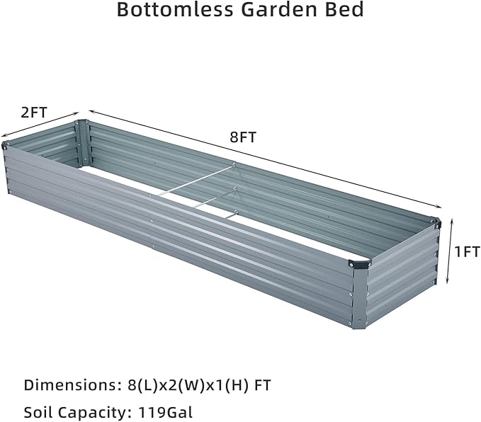 2 Pack 8x2x1FT Galvanized Raised Garden Bed Kit, Outdoor Metal Planter Box for Vegetables, Bottomless Rectangular Gardening Bed with Support Rods, Tool-Free Assembly, Gray