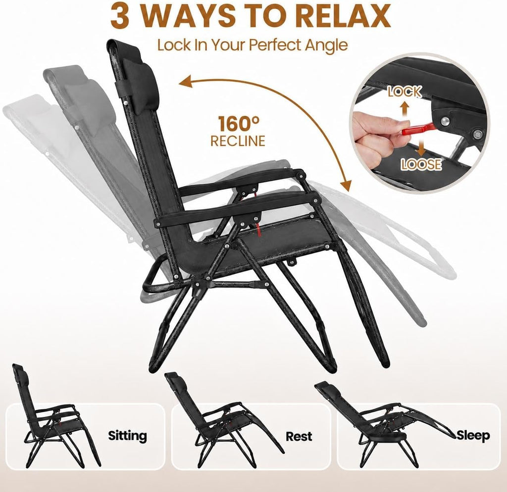 Yaheetech 26" Zero Gravity Recliners Adjustable Set of 2, Dark Black | Outdoor Folding Reclining Lounge Chairs w/Pillows, Cup Holder Trays and Carry Strap for Camping, Backyard, Beach, Indoor
