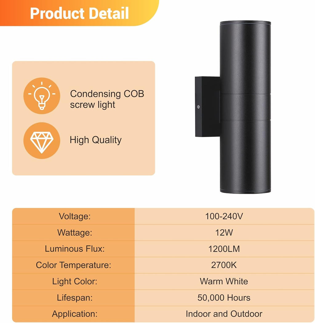 DAKAFUL Outdoor Wall Lights 8 Packs, Integrated LED Cylinder Up Down 12W 2700K Modern Aluminum Light, Waterproof Exterior Light for Porch Patio Door