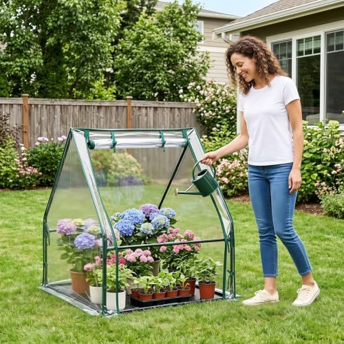 mini greenhouse with waterproof pad, 36" x 36", front angle view