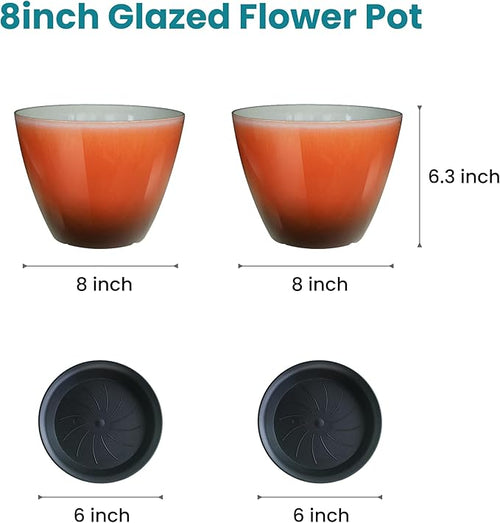 2 Pack Plastic Plant Pots with Drainage Holes, 8 inch Planter for Indoor Outdoor Plant, Garden Flower Pots for Aloe, Herbs, Cactus (Orange, 2pcs)