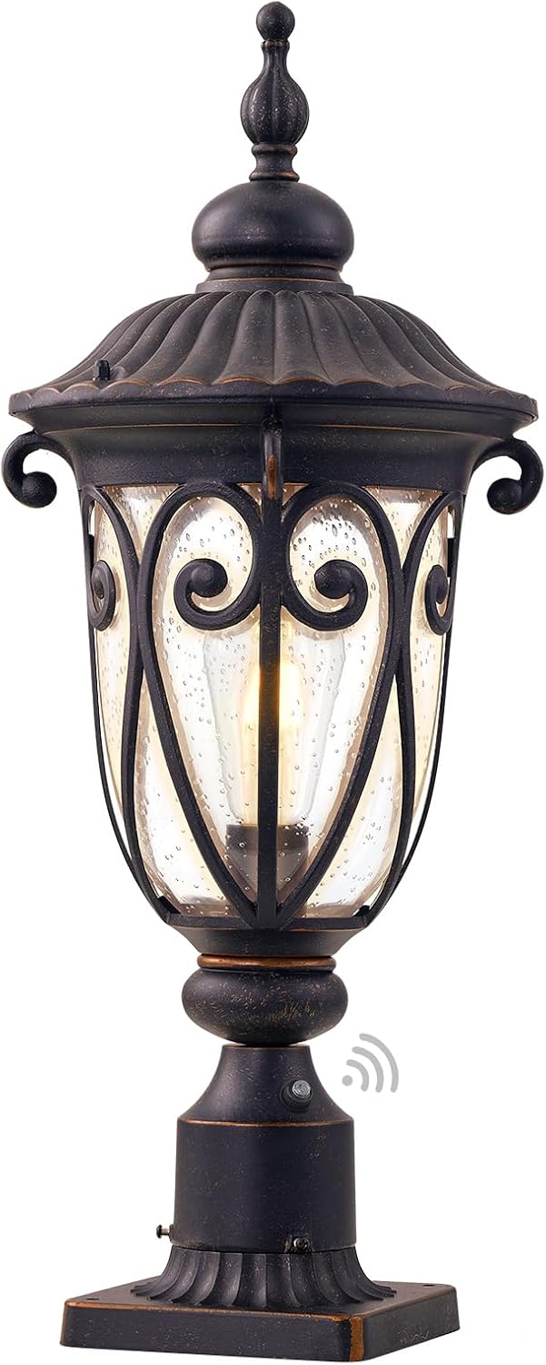 24 Inch High Outdoor Post Light Fixture with Dusk to Dawn Sensor, Bronze Post Lantern with Pier Mount, Exterior Pole Lighting with Seeded Glass for Yard, Garden, Patio and Pathway, LMMS0519-M