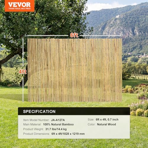 vevor natural rolled bamboo fence, eco-friendly privacy screen, front angle view