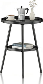 Side Table 2-Tier Small Round End Table Metal Black Accent Table for Small Spaces Indoor Outdoor Living Room Bedroom Balcony Office.