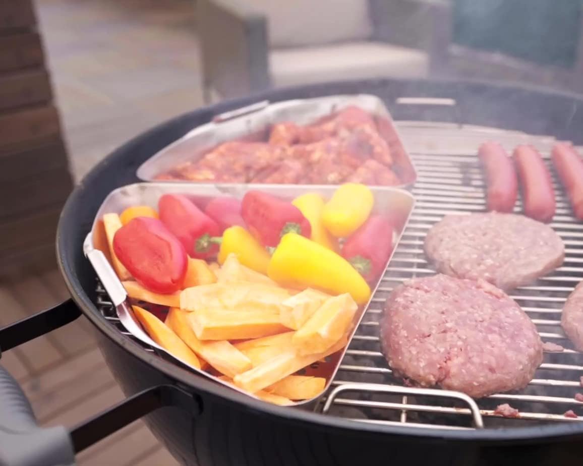 Grill Basket for Kettle Grills, 2 Stainless Baskets | Includes clip-on handle, designed for 22 inch kettle grills. Fish and vegetable grill basket.