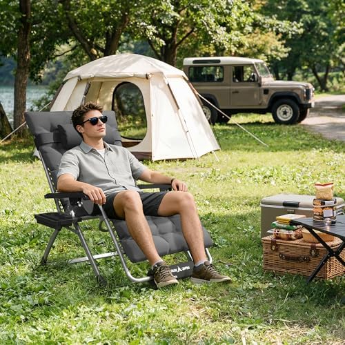 Oversized Zero Gravity Chair Folding Patio Reclining Padded Lounge Chairs | w/Removable Cushion & Headrest & Upgraded Lock & Footrest & Cup Holder Foldable Recliner for Indoor Outdoor,500LBS Capacity