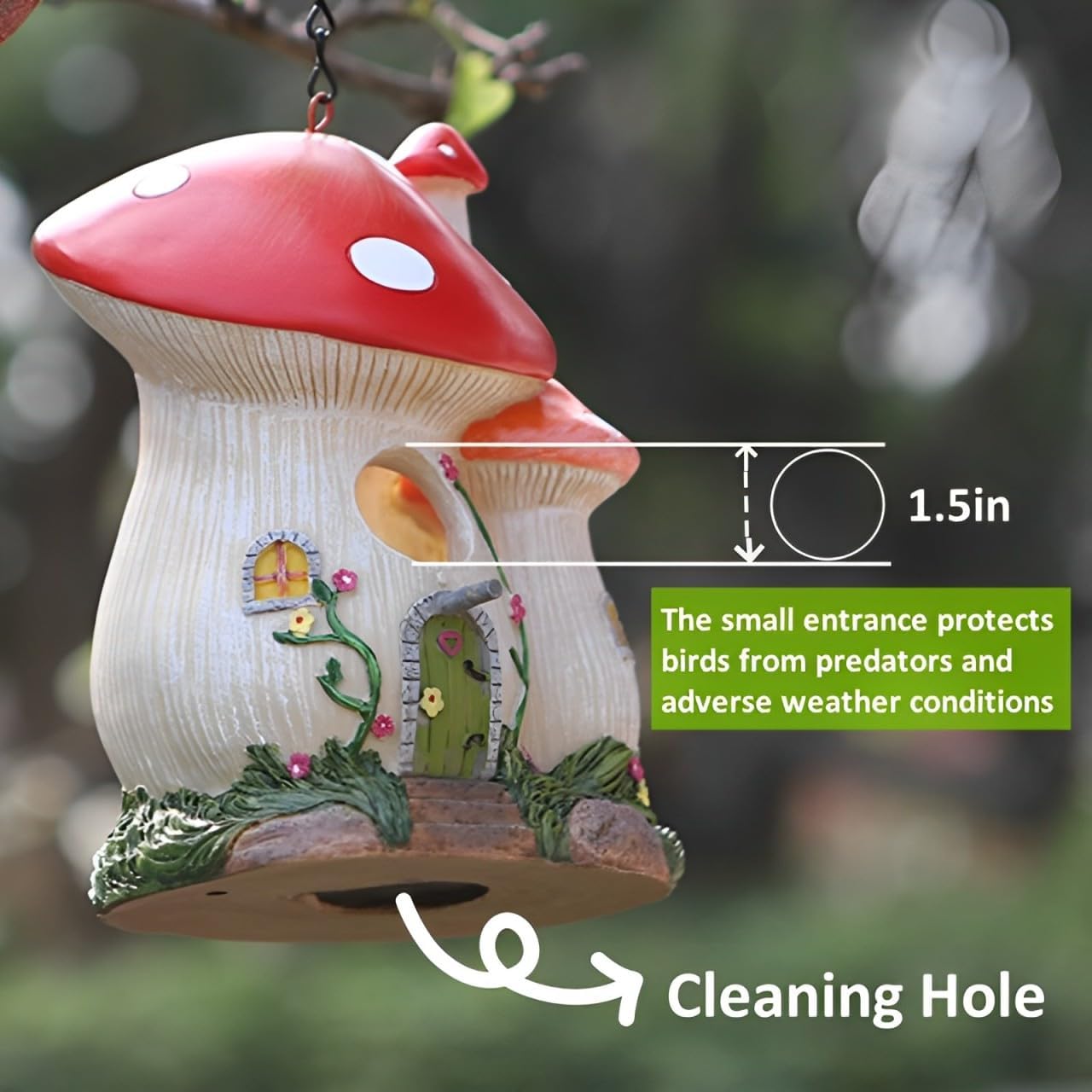 Bird Houses for Outside, Mushroom Hanging Resin Birdhouse (Red) | Garden Bird House for Outdoors, Decorative Outdoor Bird Nest, Waterproof Birdhouse for Patio, Yard, Porch & Garden Decor