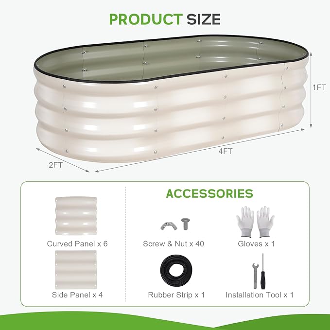 Galvanized Raised Garden Bed - 4×2×1ft (2 Packs) Planter Raised Beds for Gardening | Oval Metal Garden Planter Box with Safety Edging and Gloves for Vegetables Fruits and Flower (White)