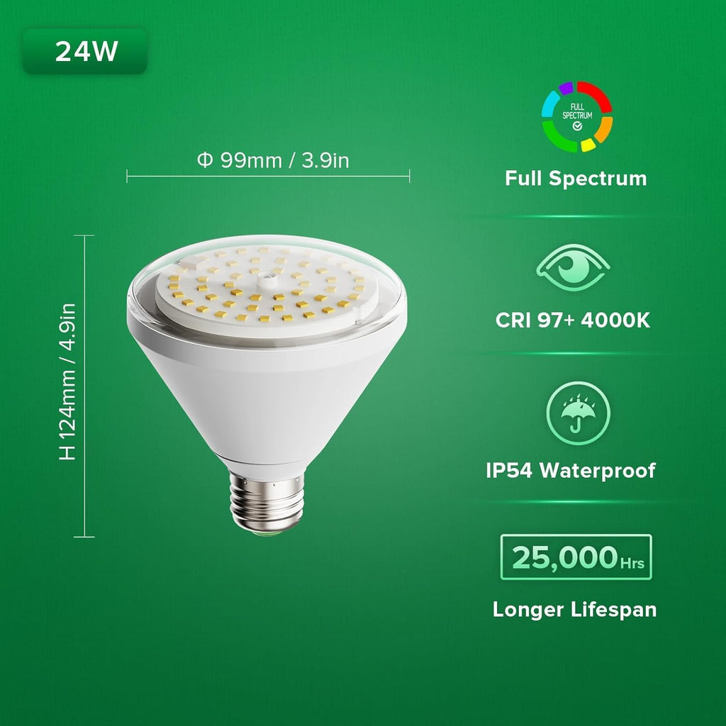 SANSI 200W Equiv. Full Spectrum LED Grow Light Bulb 4000K IP54 Waterproof | BR30 24W Grow Bulb with 120° Wide Beam Angle, Daylight White Plant Light E26 Base for Indoor Outdoor Plants, Non-Dimmable