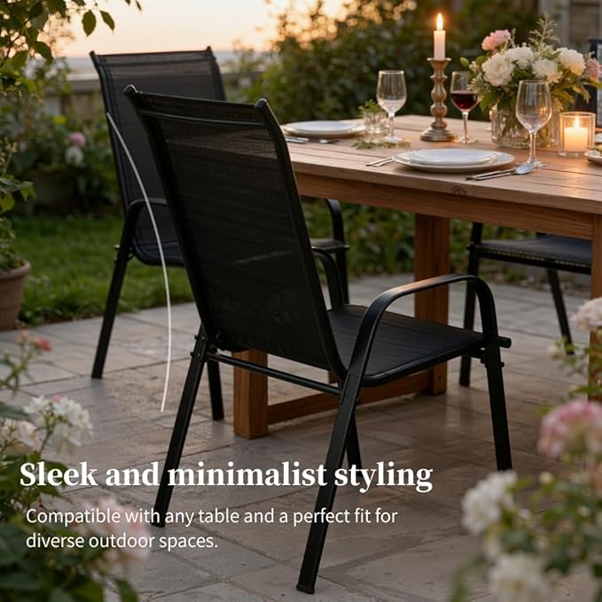 MAMIZO Patio Dining Chairs, Stackable All Weather Teslin Chair, Heavy Duty Outdoor Breathable Chairs Set, w/Armrests, Upgraded Chair FeetW/Strenthened Iron Spacers, 330 LBS (6, Black)